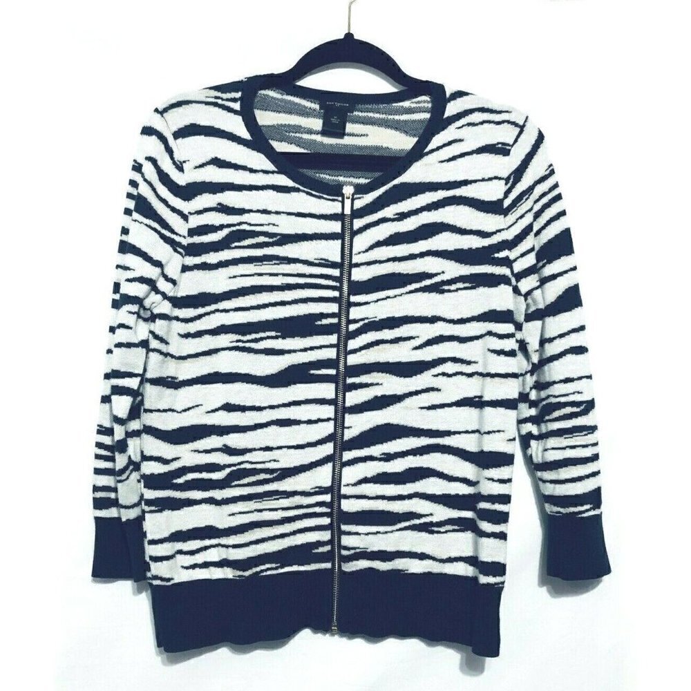 Ann Taylor Womens Medium Blue Animal Print Zip Up Cardigan Sweater  3/4 Sleeve